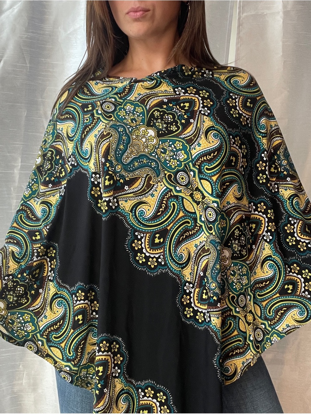 Paisley Poncho Small Teal Green Brown Wrap Shrug Boho Whimsy Festival Granola